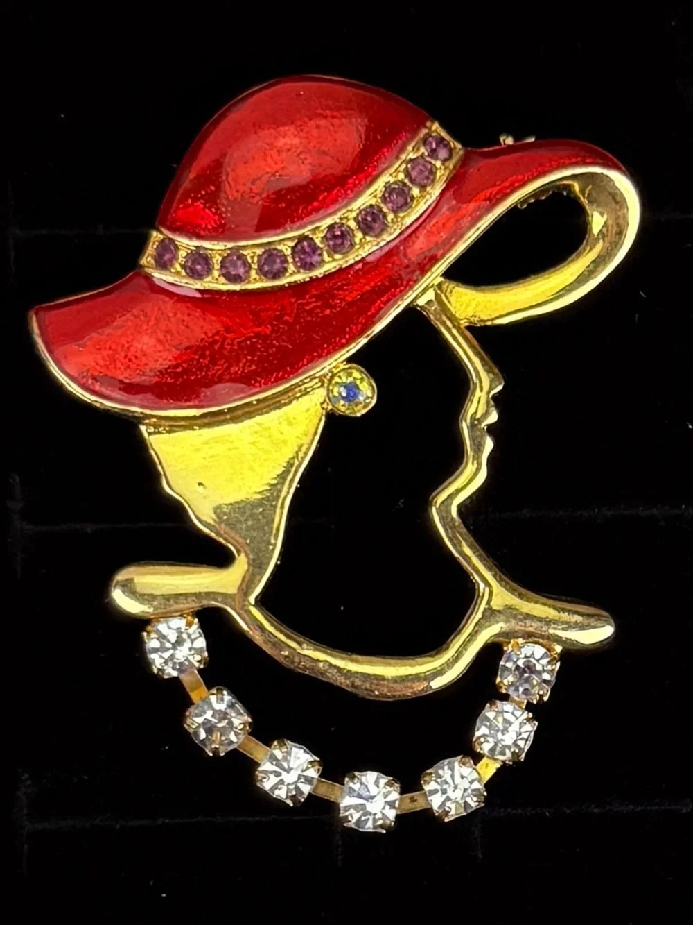 Vintage Lady Profile Red Hat Brooch Gold Tone Clear Purple Accent Statement Pin